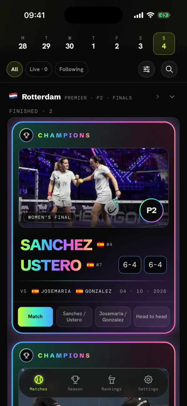 A tournament's champions card, with their photo and the score