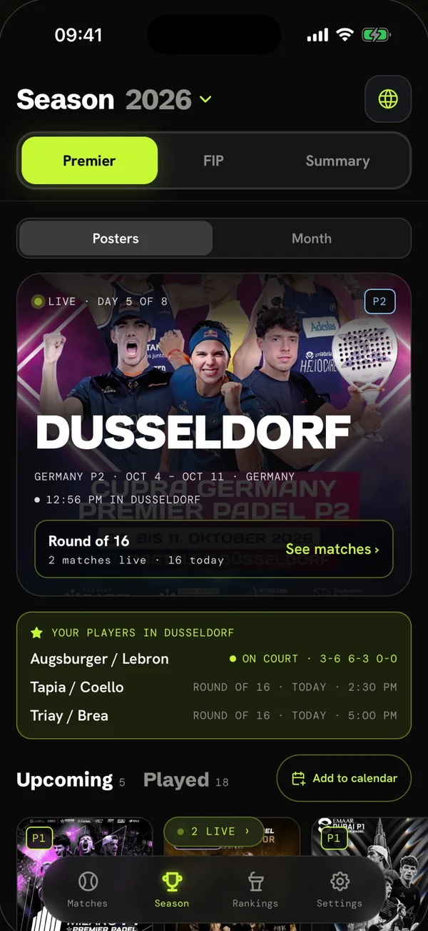 The season calendar with the poster of each tournament and your players