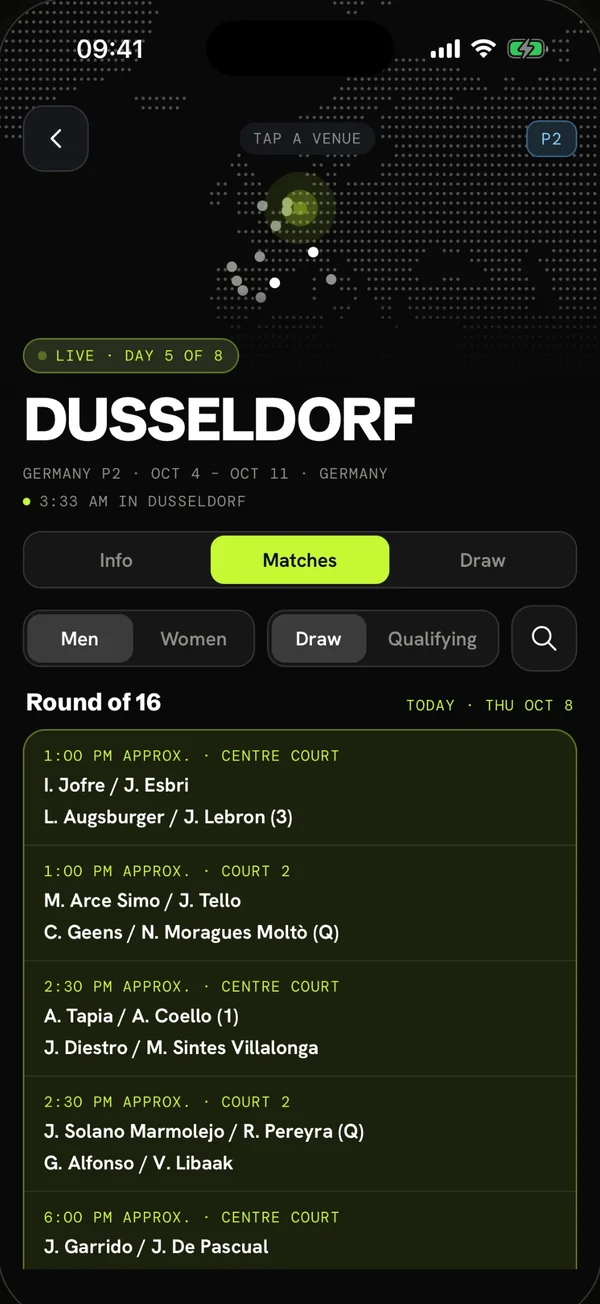 A tournament page: the map of its venue and the matches by round